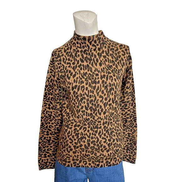 Neiman Marcus Women's Cashmere Collection Tight Knit Leopard Print Mock-Neck Sm - Picture 1 of 11